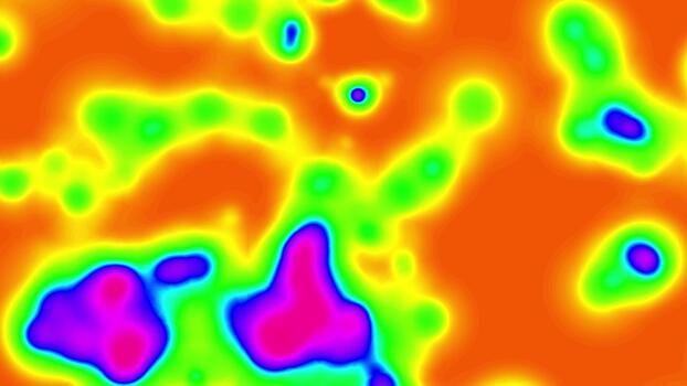 Amorphous color field: orange ground with liquid bleeds of yellow, green, cyan, blue, and magenta hotspots — no grid, no metric units.